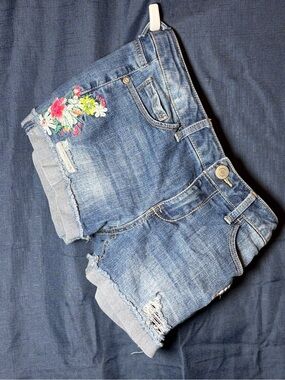 Girl’s Embellished Blue Denim Cutoff Shorts - Floral Embroidery